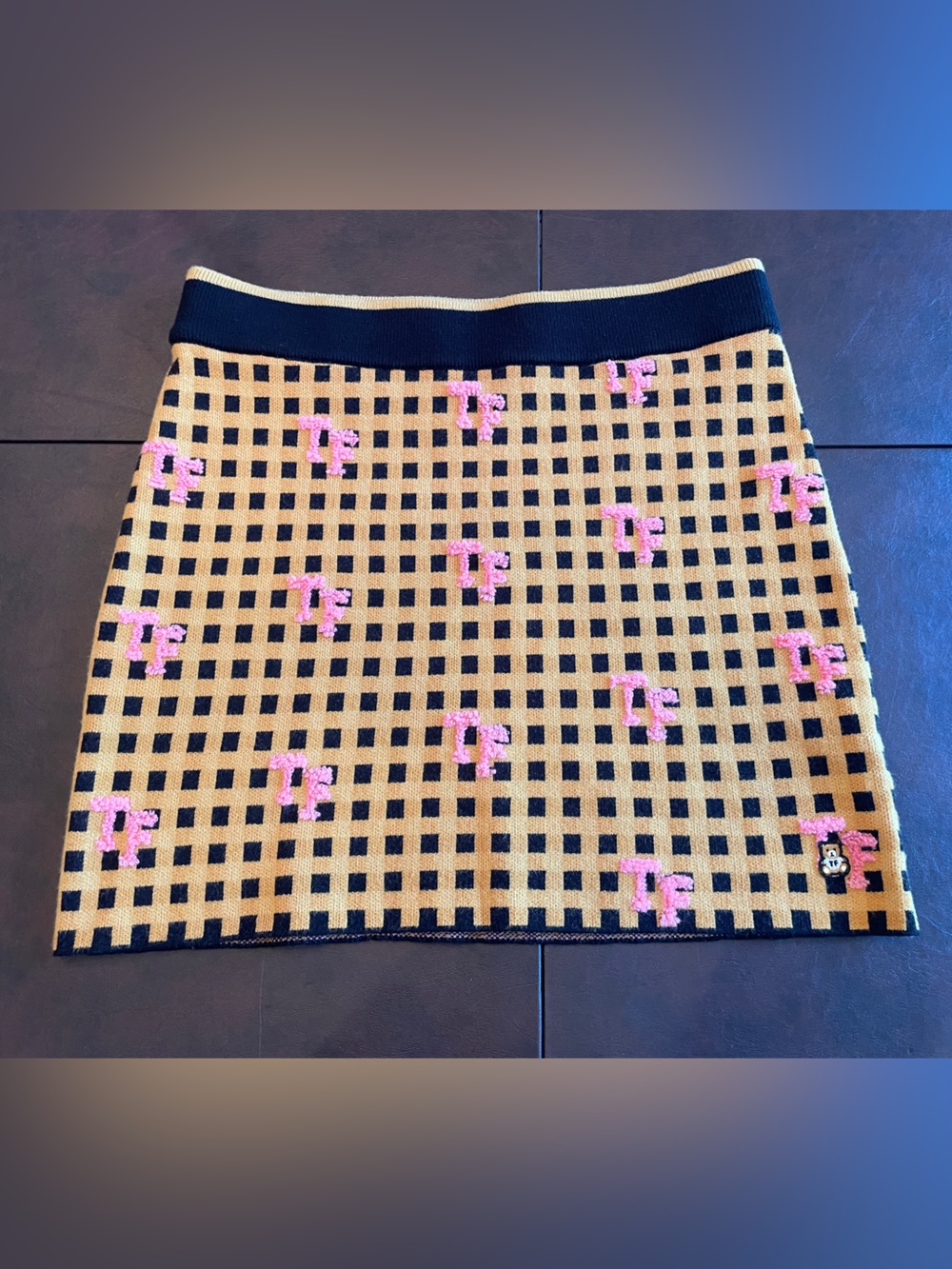 Teddy Fresh Tan and Black checkered sweater Mini Skirt with Pink TF Motifs